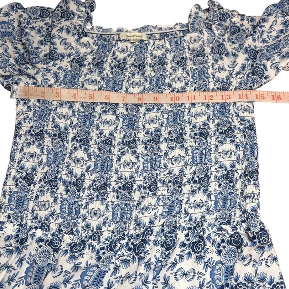 MAX STUDIO Silky Easy Care Maxi Dress Smocked Bodice Tiered Skirt Blue White L - Picture 6 of 10